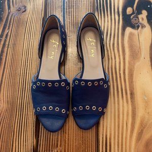 French Sole Whistle Navy Leather Open Toed Shoes